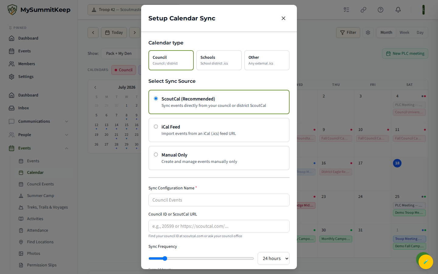 The Setup Calendar Sync modal for importing a council, district, or iCal feed into the unit calendar.