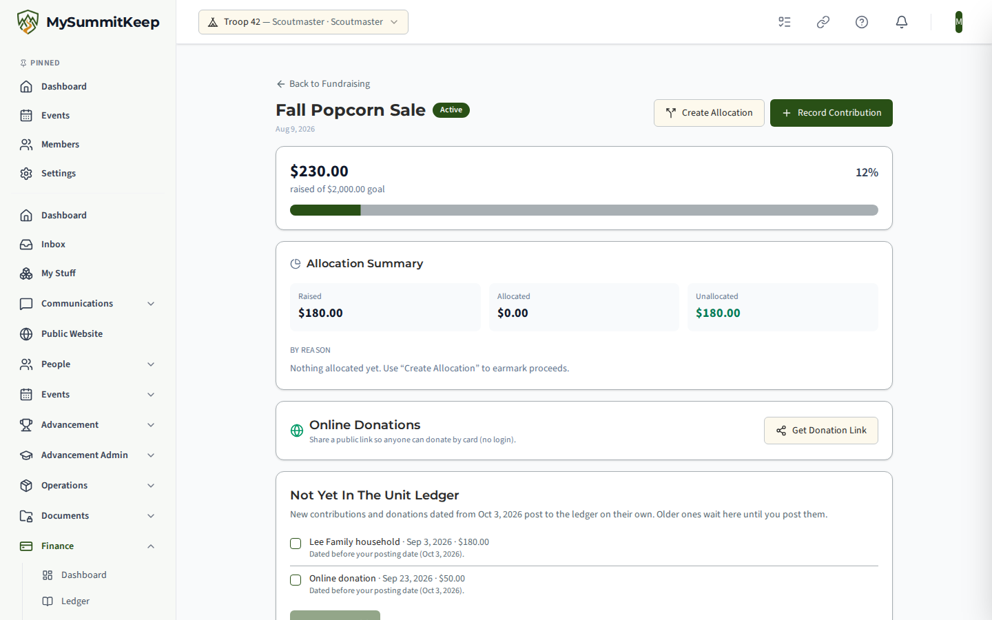 A campaign page with the Not Yet In The Unit Ledger list of an older contribution and an online donation, each with a checkbox and Post Selected.