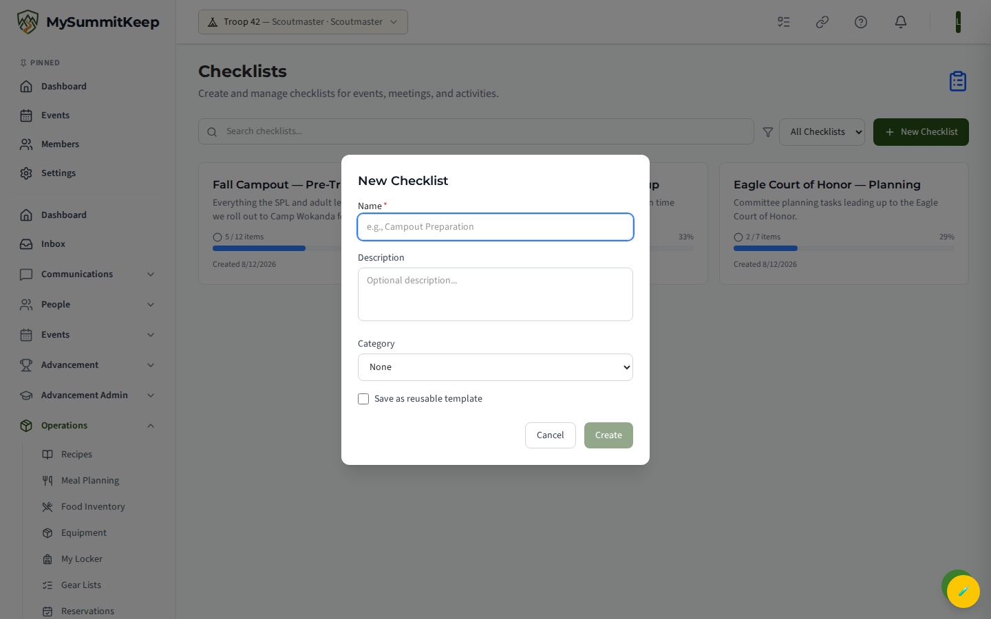Checklists page at /checklists with search and the create-checklist form.
