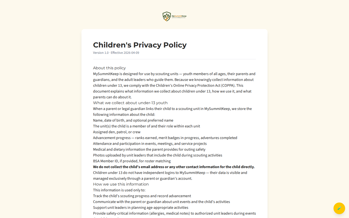 The /privacy-policy-children Children's Privacy Policy document page with the version and effective date header
