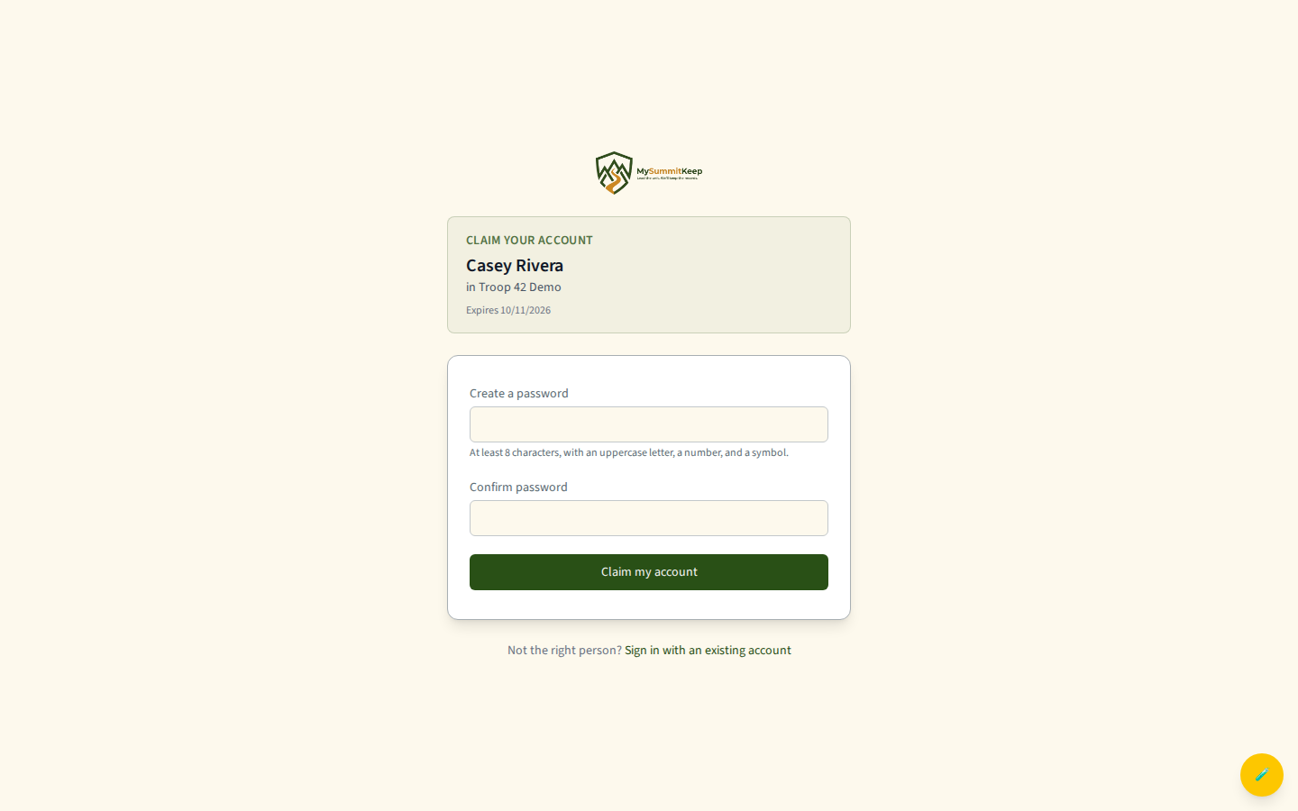 The /claim page in 'ready' state showing the claim-context card ('Claim your account', member name, unit name, expiry) and the create-password / confirm-password form.