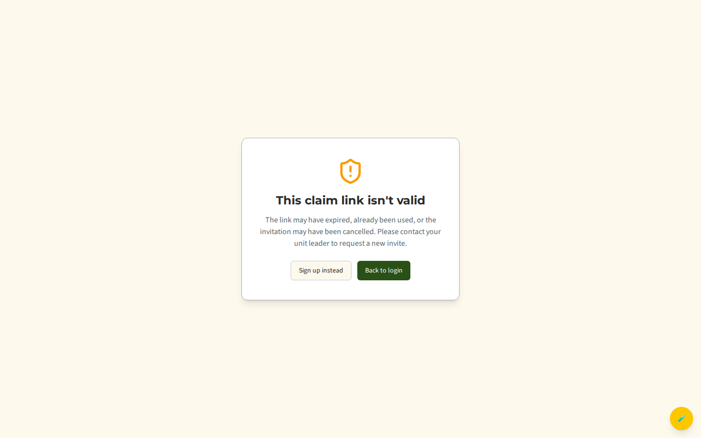 The /claim invalid/expired-link state with the amber shield icon and Sign up instead / Back to login buttons