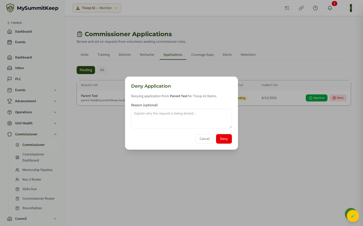 Deny Application modal capturing an optional reason