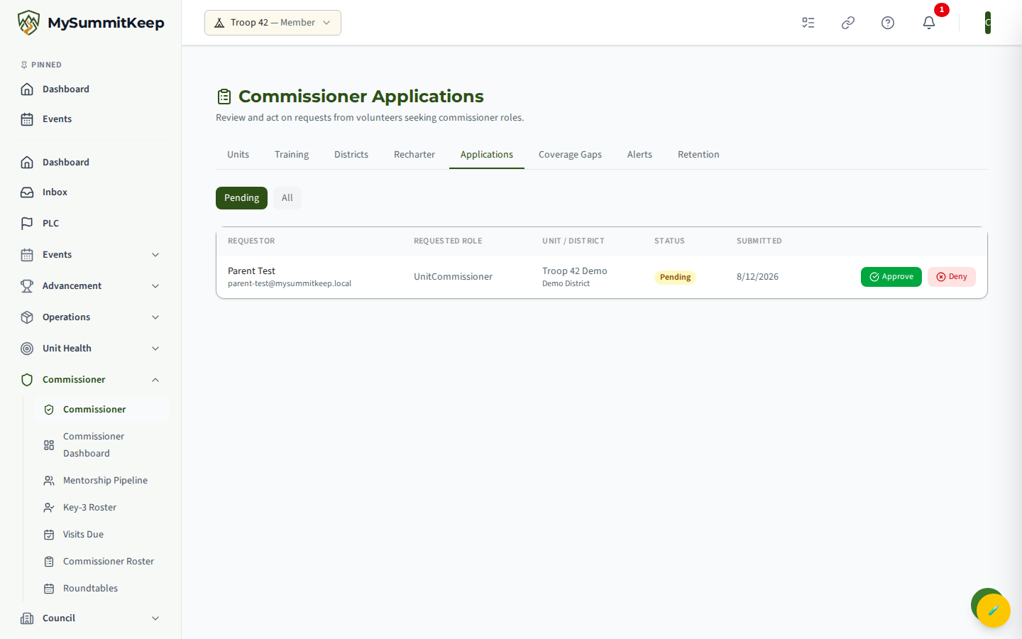 Commissioner Applications review queue (/commissioner/applications) with approve/deny actions and status badges