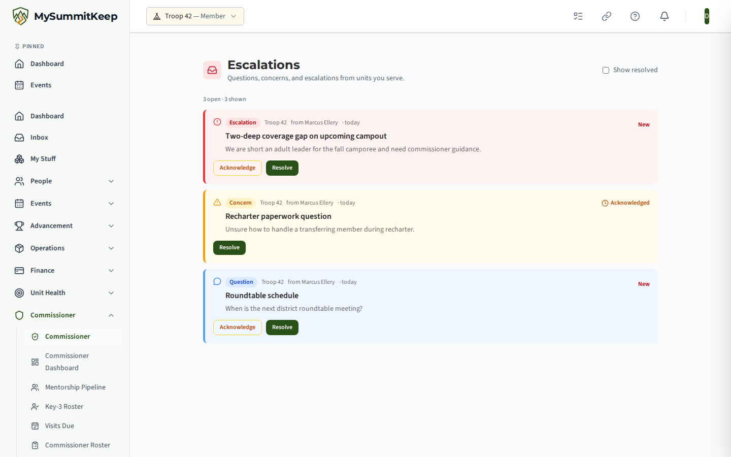 The Escalations page at /commissioner/escalations, listing escalated unit issues with unit, issue type, severity, status and assignee