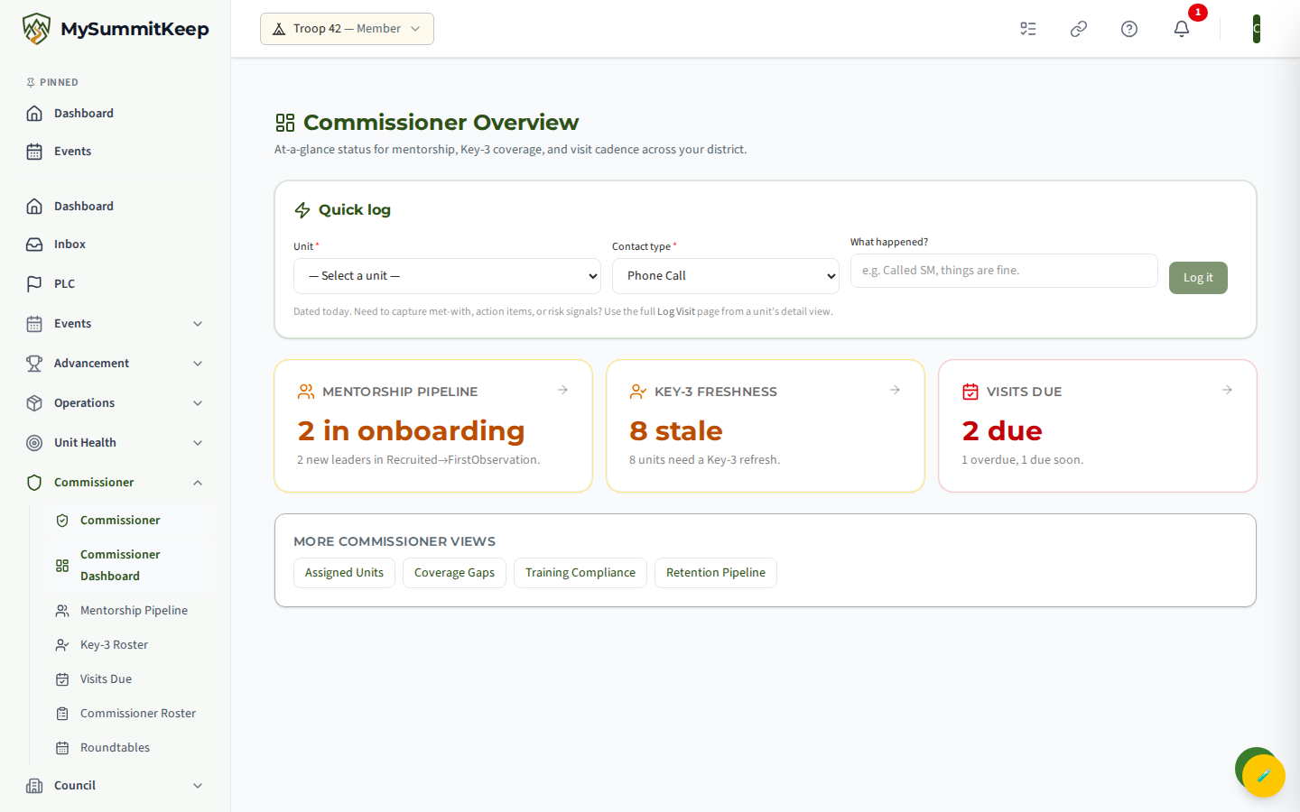 Commissioner ops overview (/commissioner/dashboard) with the three action cards and quick-log tile