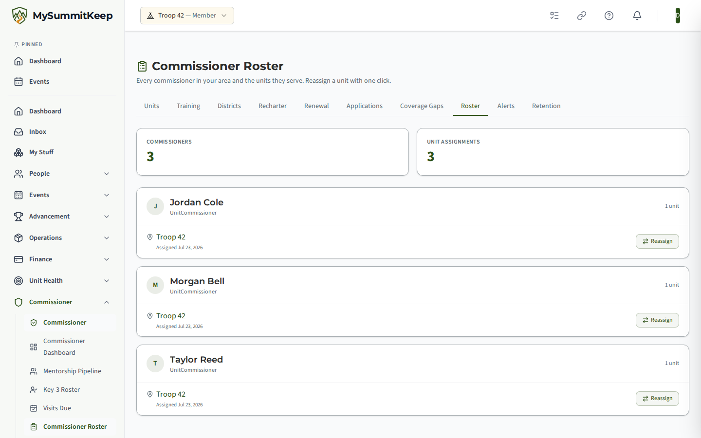 The Commissioner Roster page at /commissioner/roster, a table of commissioners and their assigned units with coverage status and a Reassign control