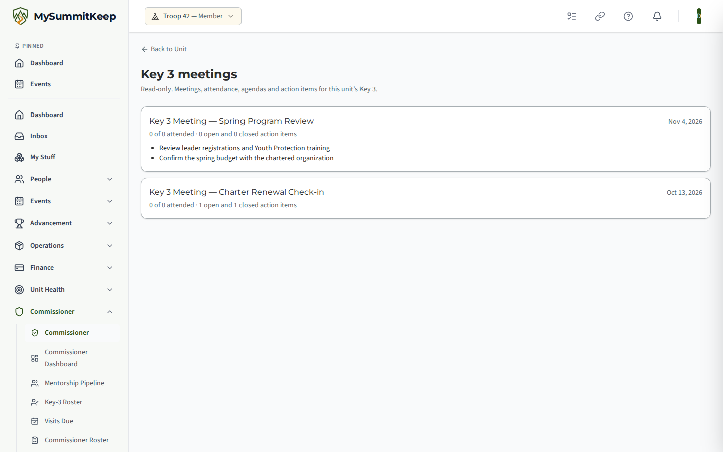 Read-only Key 3 meetings view for one unit, listing each meeting with its date, attendance count, open and closed action items and agenda titles.
