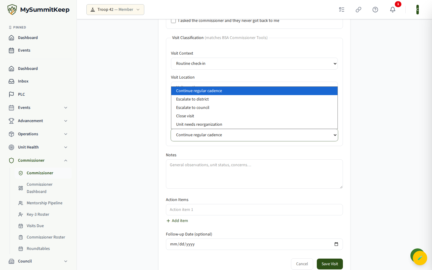 Log Commissioner Visit form (/commissioner/visits/new) showing contact type, health level, visit context/location/duration/outcome, risk signals, action items