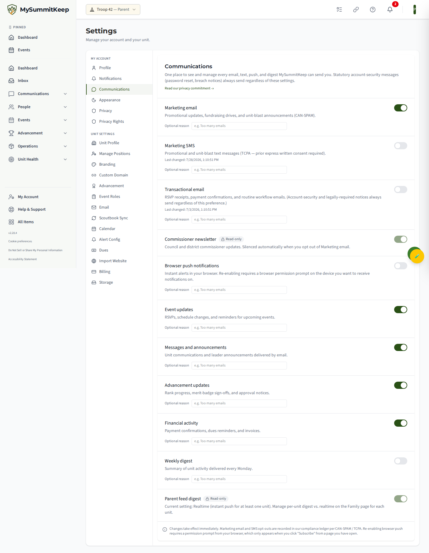 The /settings/communications page (marketing email + SMS opt-in toggles, with the immediate-effect note).