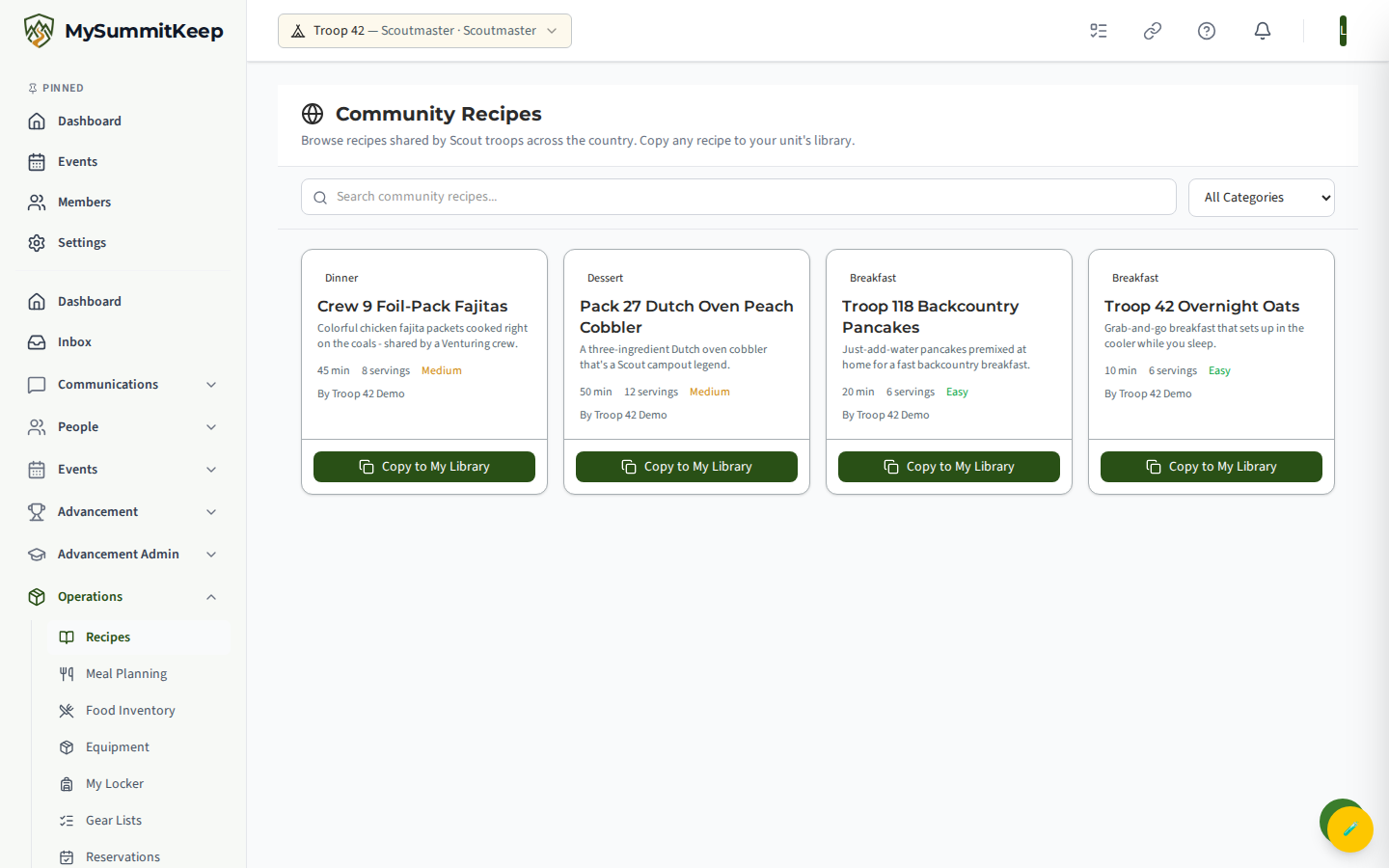 Community Recipes page at /recipes/community with search and copy-to-unit.