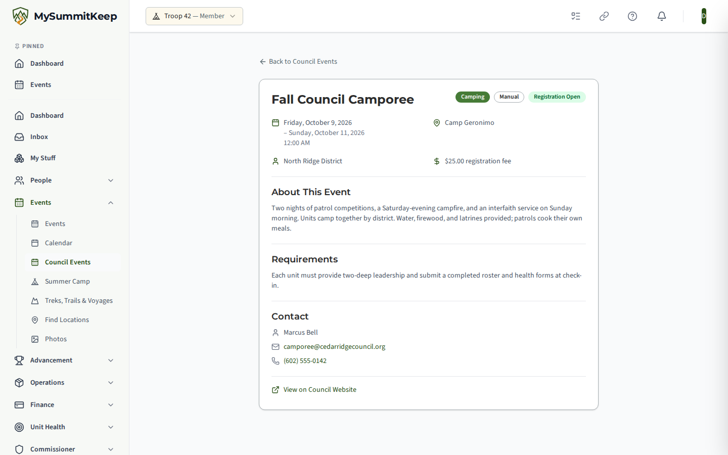 Council Event detail (/council-events/:id) with registration.