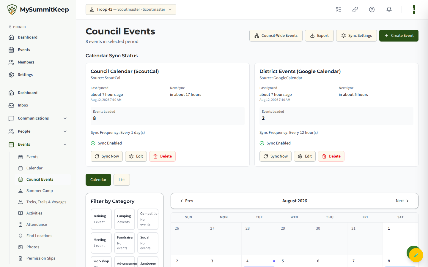 The /council-events page in calendar view with category filters and the calendar-sync status panel.