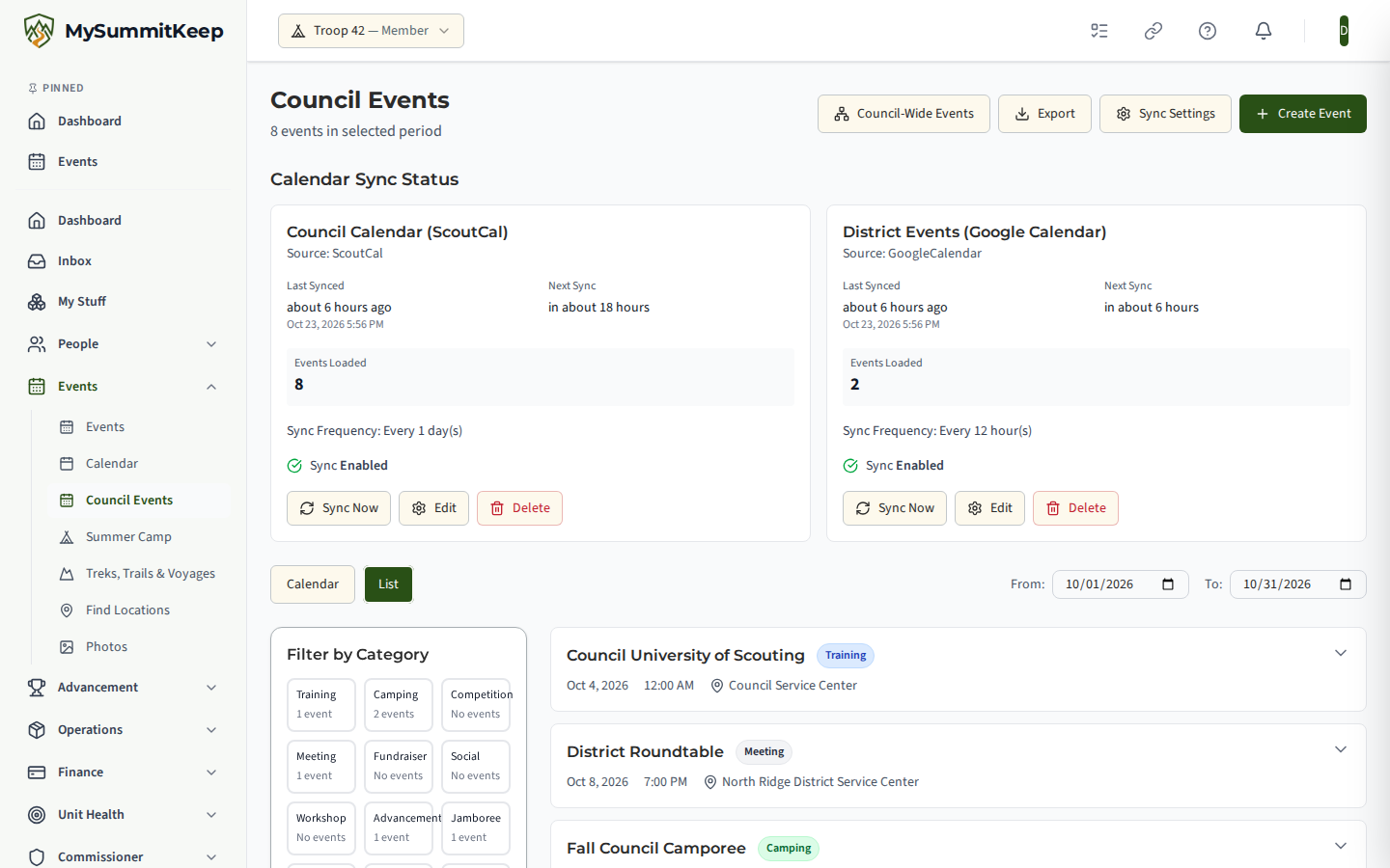 Council Events list (/council-events) with upcoming events.