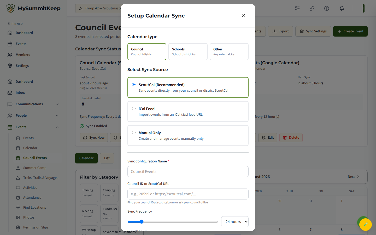 The calendar sync setup modal for subscribing to a council ICS/Google feed.