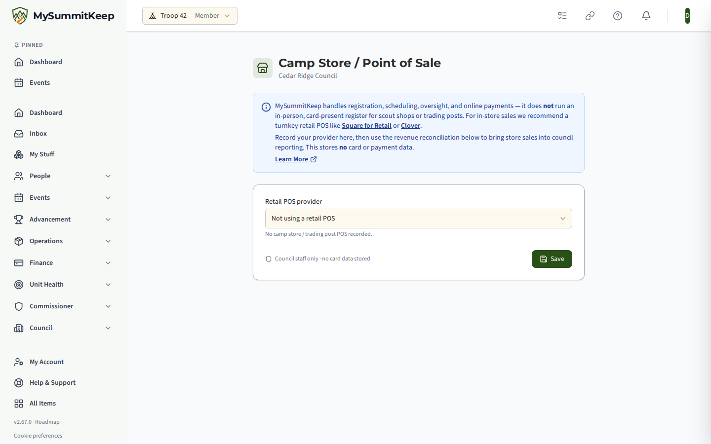 Camp Store / Point of Sale settings page with an explanation banner, a Retail POS provider drop-down, optional link and note fields, a Save button and a Store revenue reconciliation card.