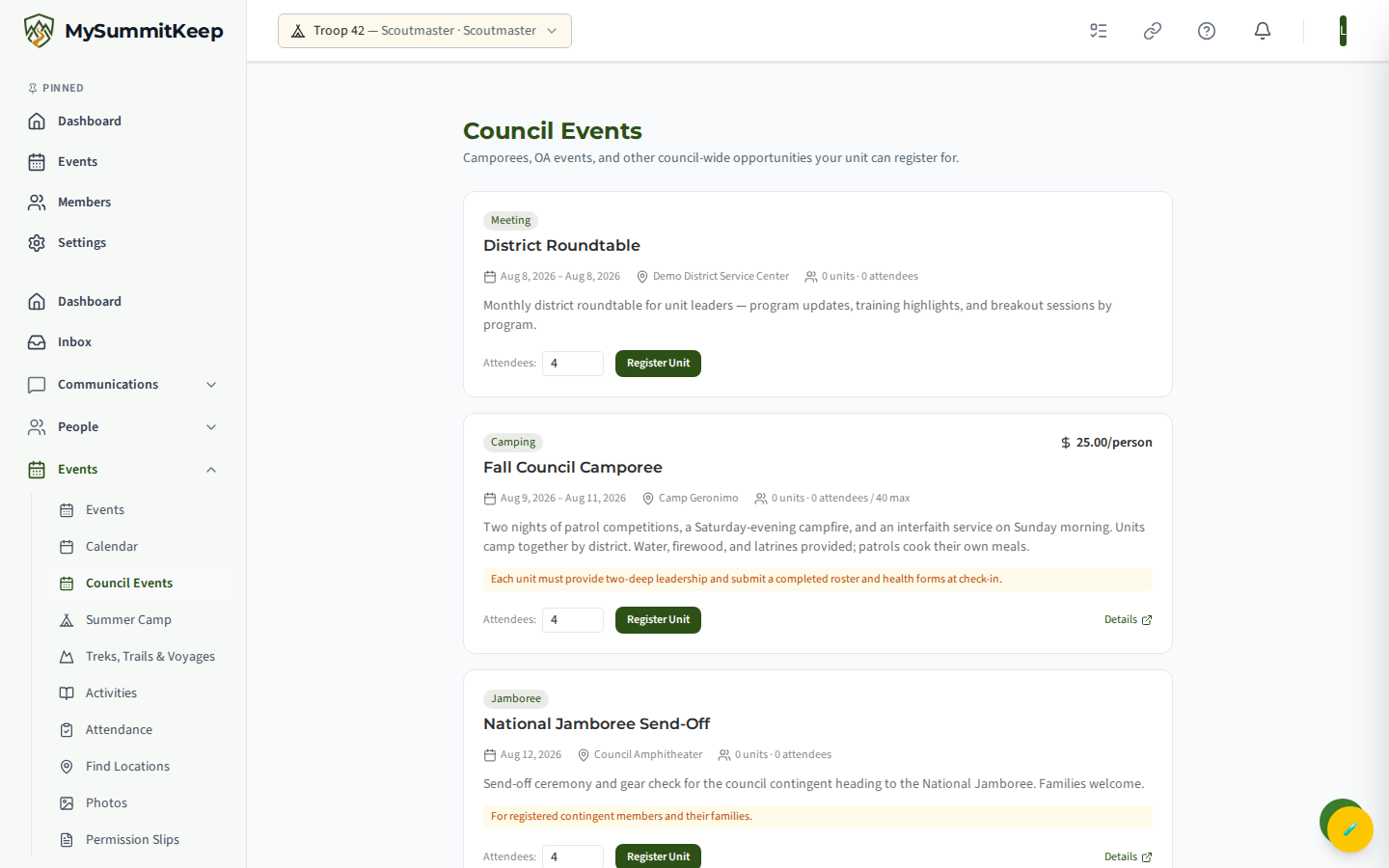 The council-spanning events view aggregating events across the council.