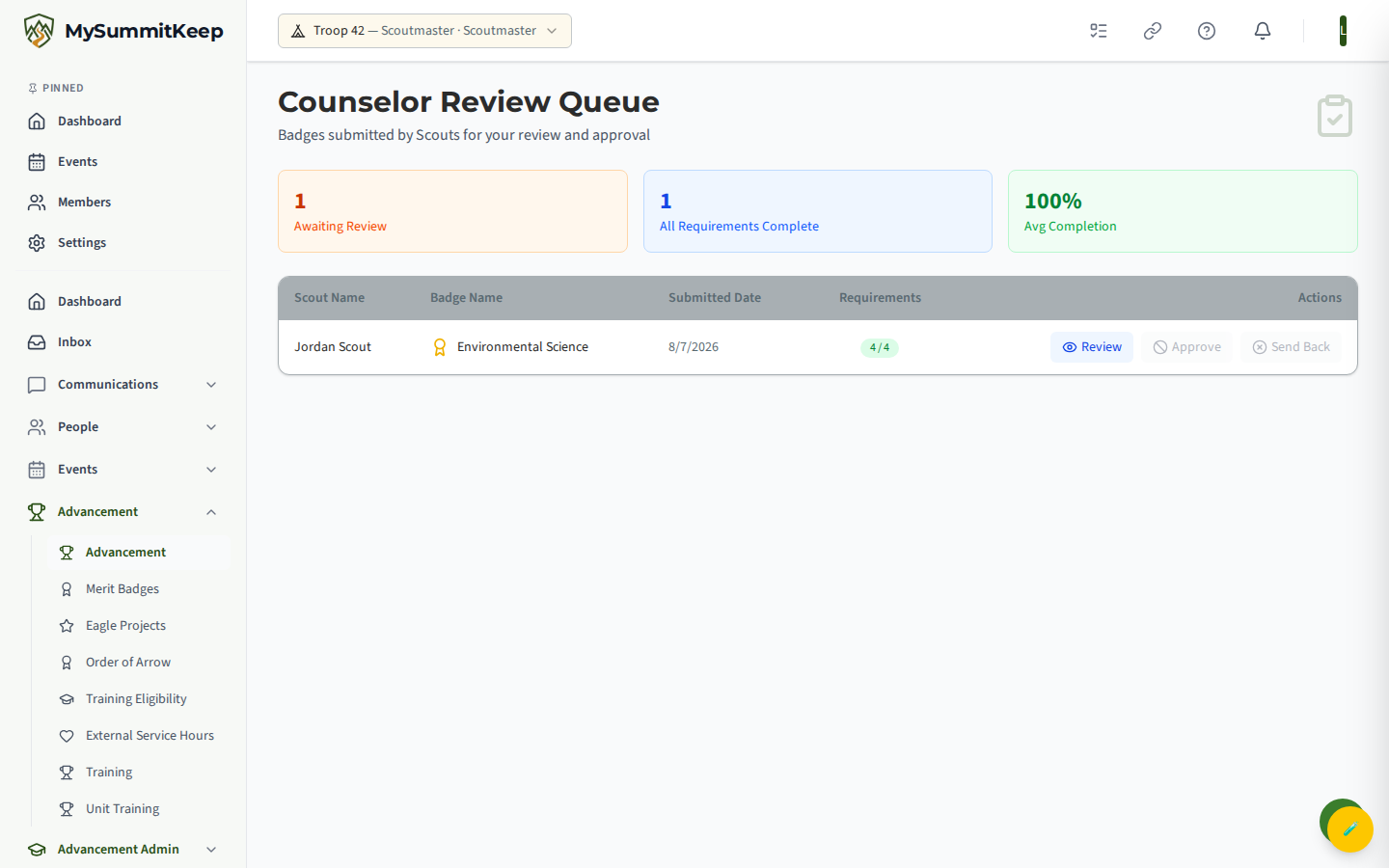 Counselor review queue showing badges submitted for the counselor to approve