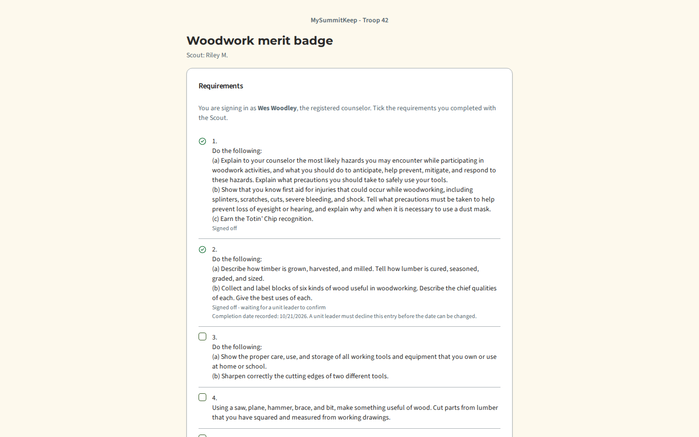 The counselor sign-off page opened from the email: the Scout by first name and last initial, the badge, the requirement checklist with its three states, one completion date and the Sign off selected button.