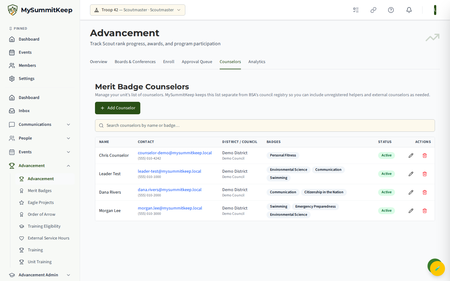 Counselors management page with search, Add/Edit/Delete actions and per-counselor badge chips