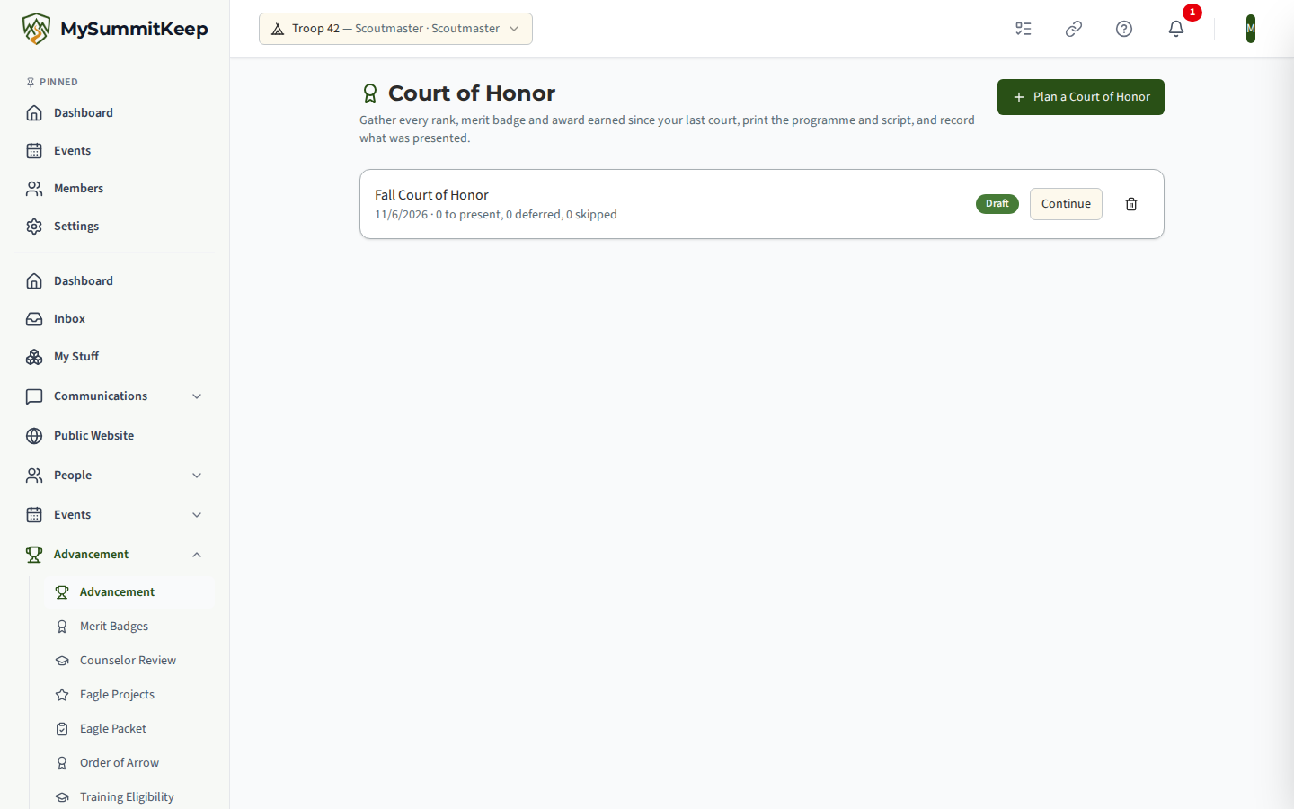 The Court of Honor page listing a Draft ceremony with how many awards are to present, deferred and skipped, a Draft badge, a Continue button, and a Plan a court of honor button