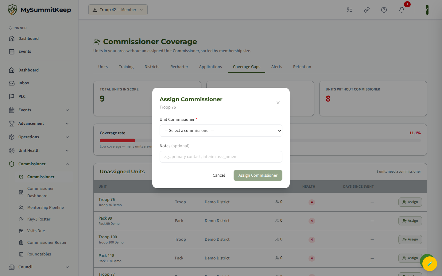 Assign Unit Commissioner modal launched from an unassigned unit row