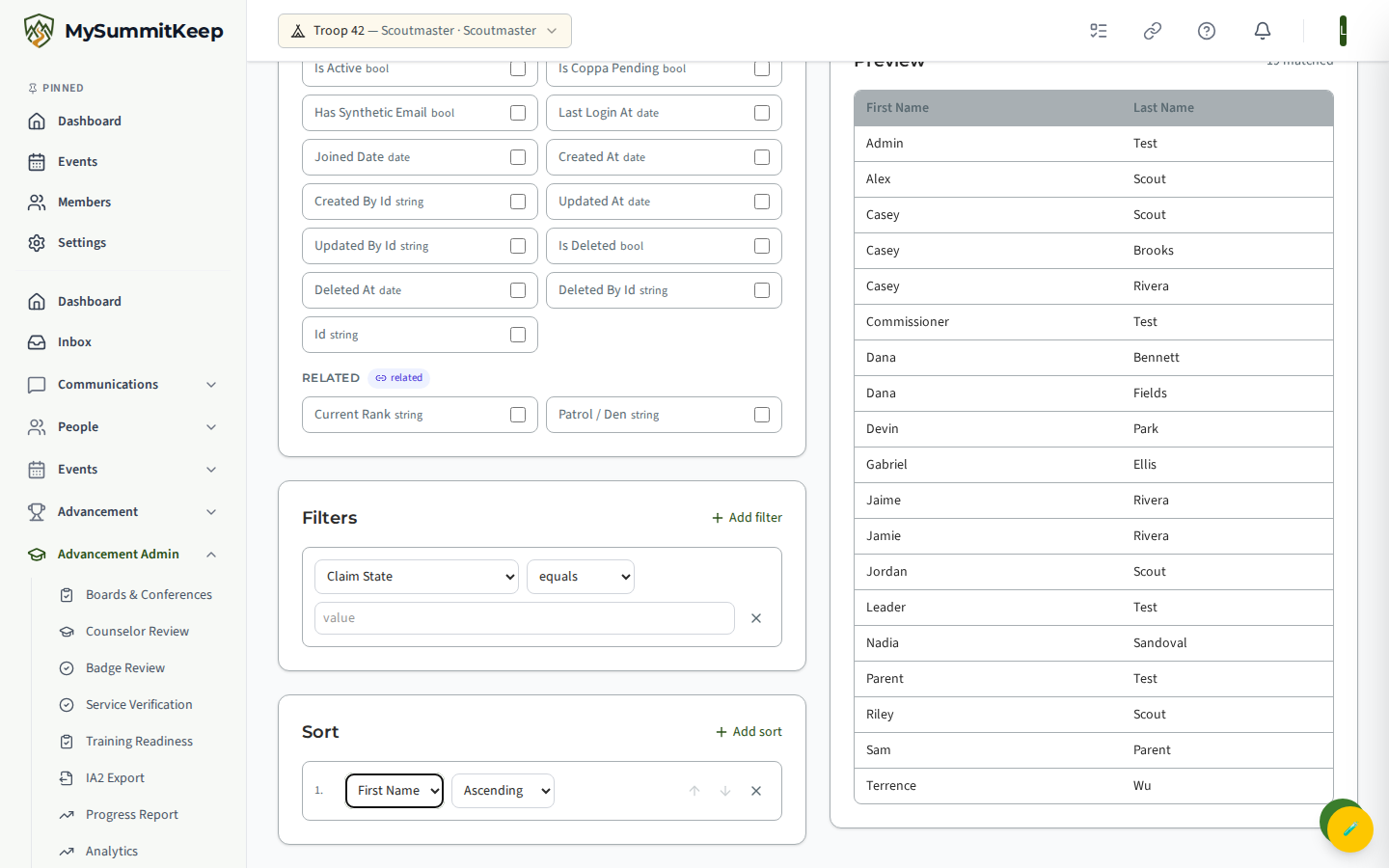 Custom Report Builder at /reports/builder with the data source, fields, filters, sort and preview panels.