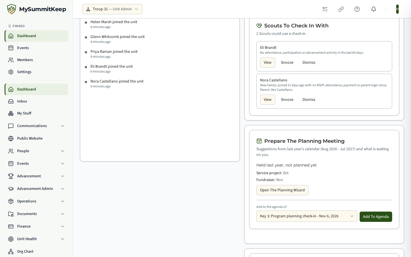 The Scouts To Check In With card on the unit home page. It reads that two Scouts could use a call: Eli Brandt, with no attendance, participation or advancement activity in the last 60 days, and Nora Castellano, a new family that has not responded to anything yet. Each row has a link to the Scout and Snooze and Dismiss buttons.