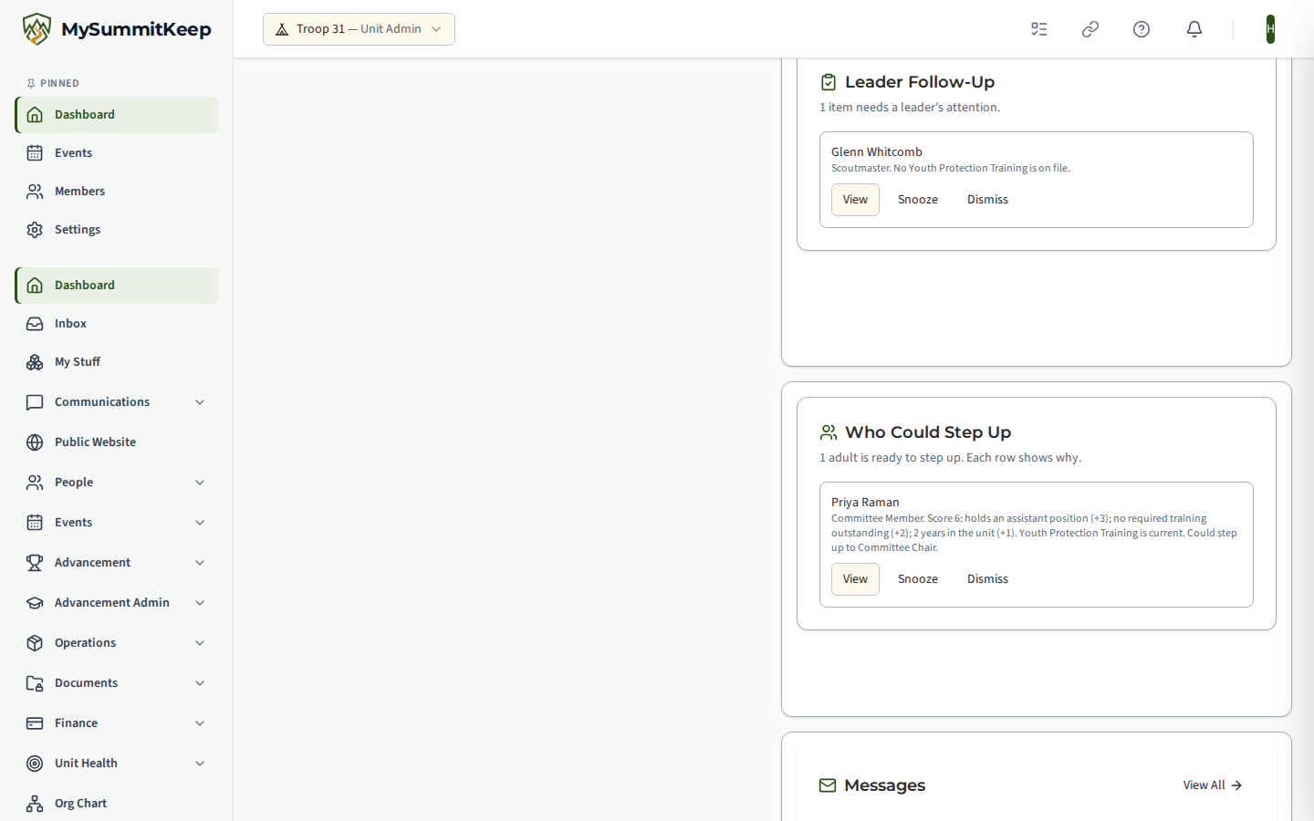The Leader Follow-Up card on the unit home page, showing Glenn Whitcomb, a Scoutmaster with no Youth Protection Training on file, with a link to his page and Snooze and Dismiss buttons.