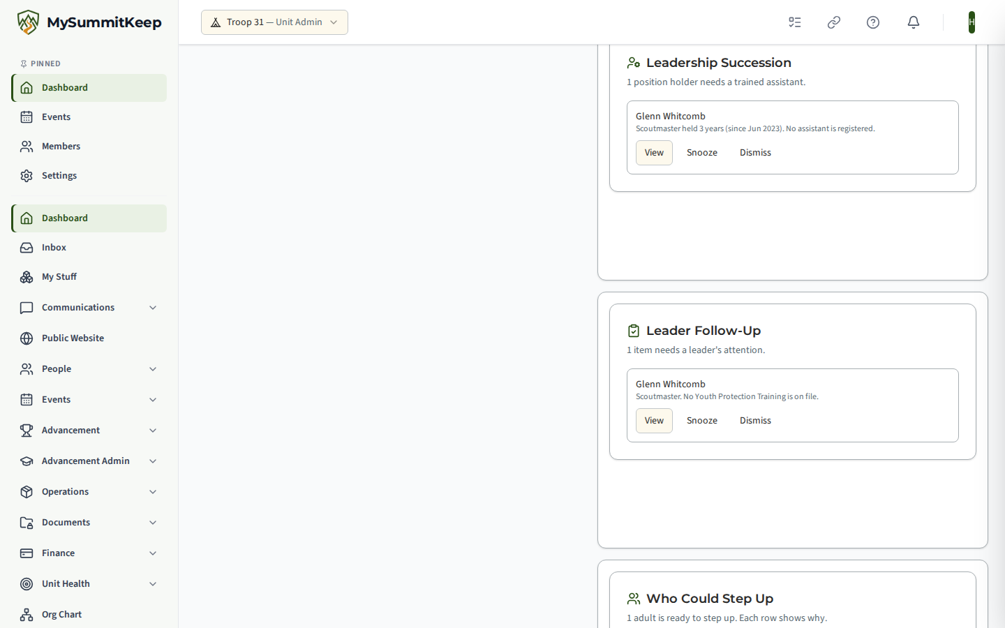 The Leadership Succession card on the unit home page, showing Glenn Whitcomb as a Scoutmaster for more than three years with no assistant, with the position, the start month and Snooze and Dismiss buttons.