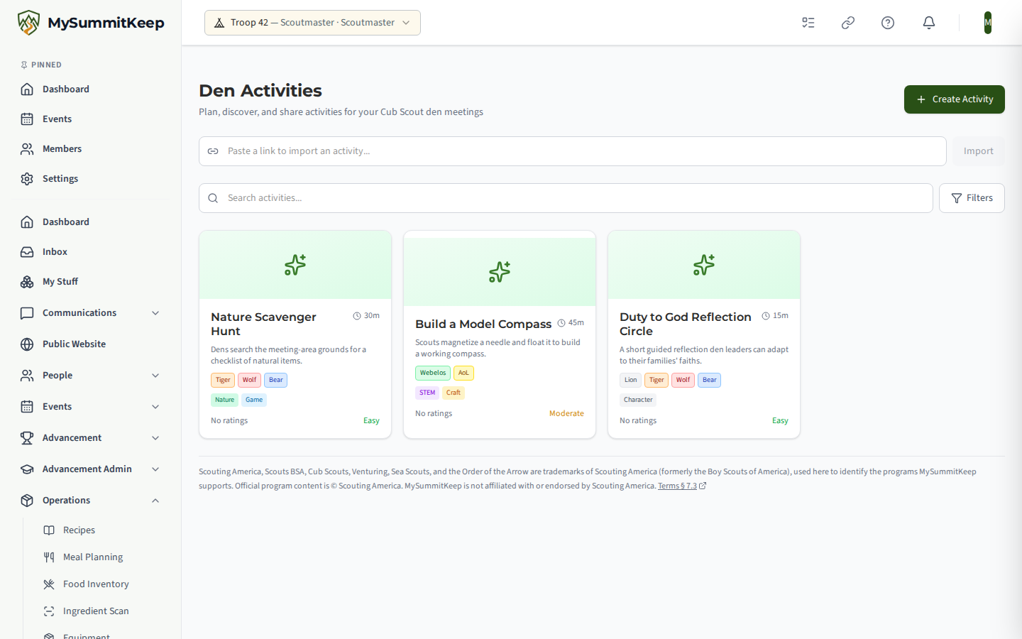 The Den Activities page at /activities, a catalog of den meeting activities with Create Activity and Add to Event actions