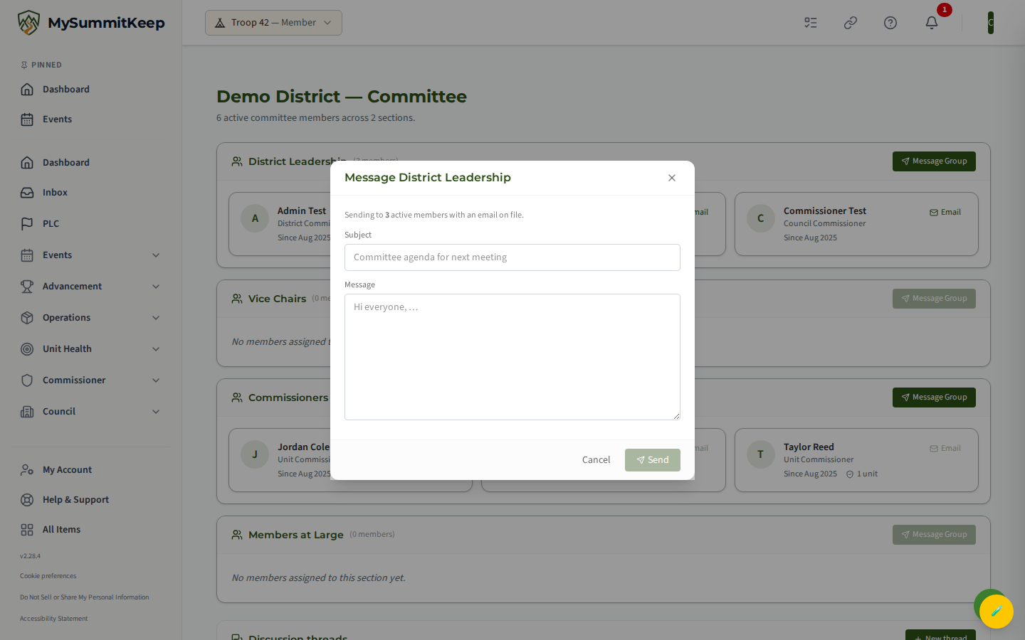 Compose dialog for broadcasting to one committee role group