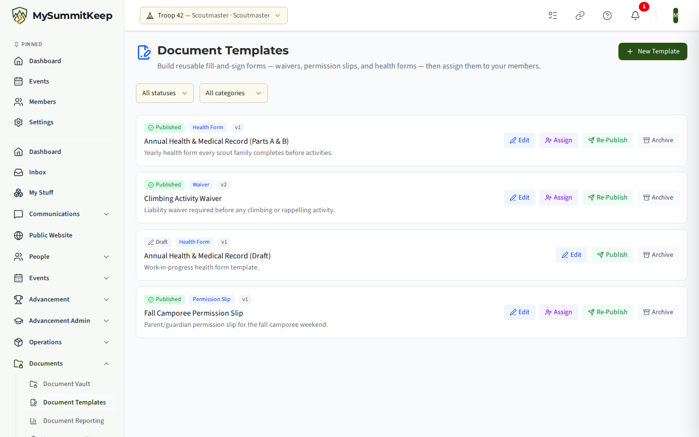 Document Templates page with a New Template button, status and category filters, and a list of templates showing status, category and version badges with View, Edit, Publish and Archive actions.