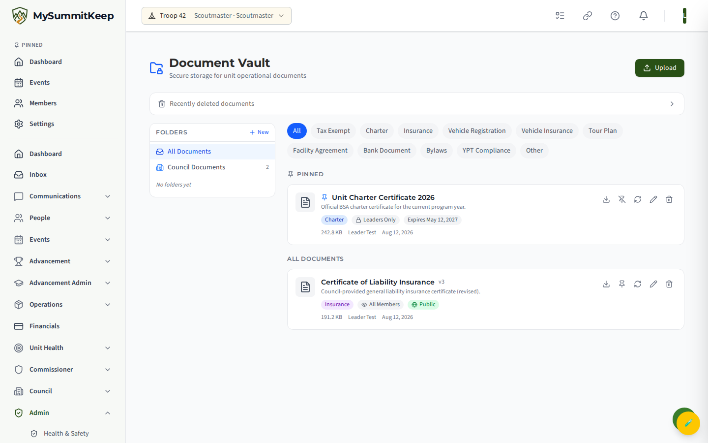 Document Vault at /document-vault with the folder sidebar, document list and Upload Document panel.