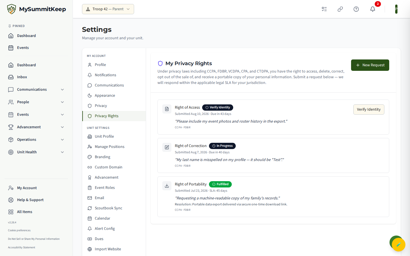 The /settings/privacy-rights page with one or more DSR request rows showing type, status badge, and days-until-SLA.