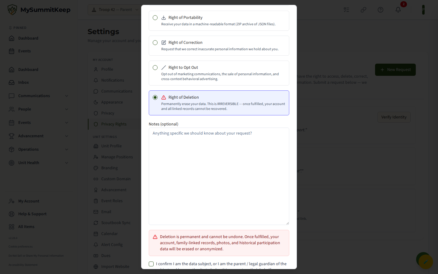 The submit dialog with 'Right of Deletion' selected, showing the red irreversible-deletion warning and the data-subject confirmation checkbox.