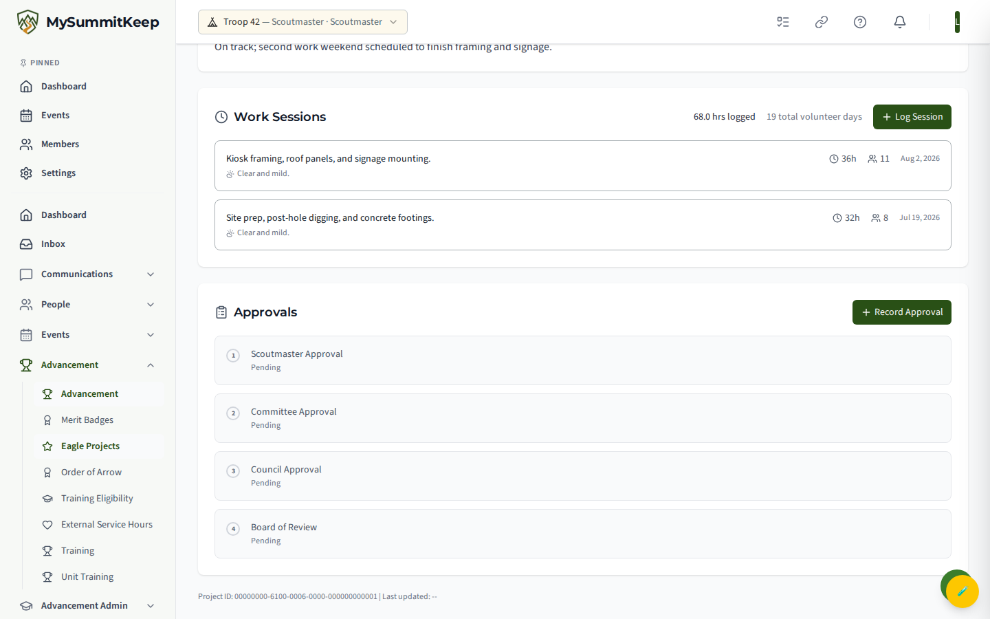 Eagle project detail page showing work sessions, approvals and status