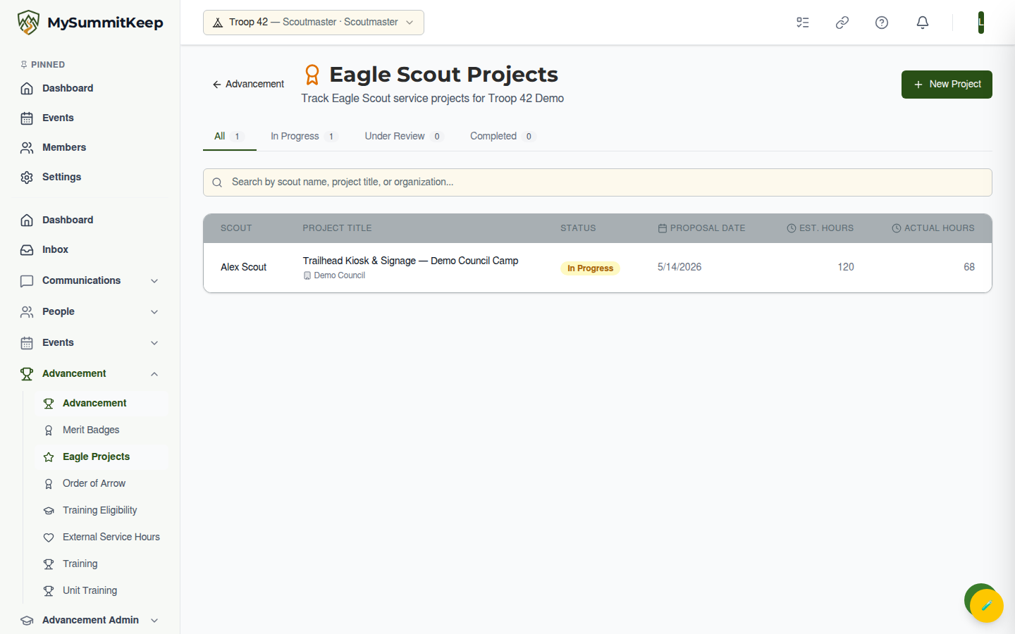 Eagle projects list with status tabs (All/In Progress/Under Review/Completed), a search box, and a table of projects with estimated and actual hours