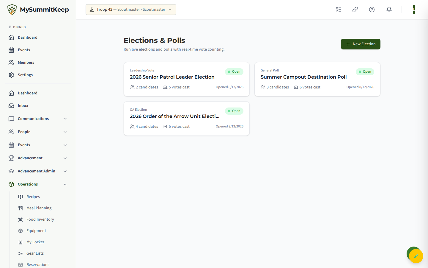 Elections & polls list showing OA Election / Leadership Vote / General Poll cards with status badges