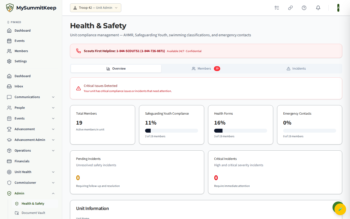 Emergency Contacts manager for a member within Health & Safety.