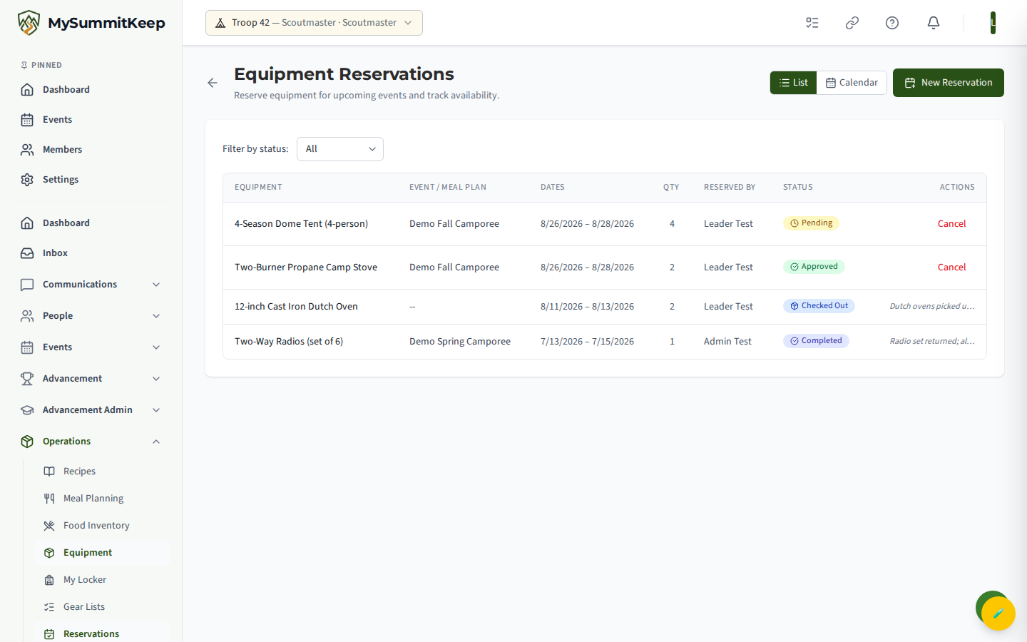 Equipment Reservations page at /equipment/reservations.