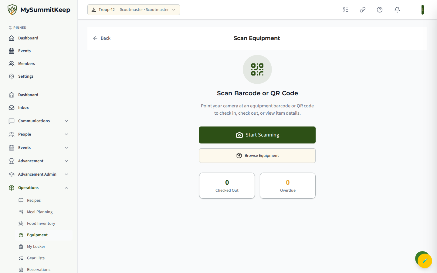 Equipment Scan page at /equipment/scan for barcode/QR check-in/out.