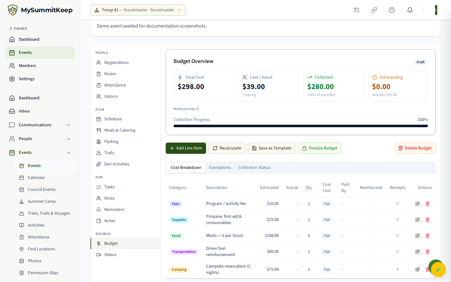 Event Budget at /events/:id/budget with line items, receipts and collection status.
