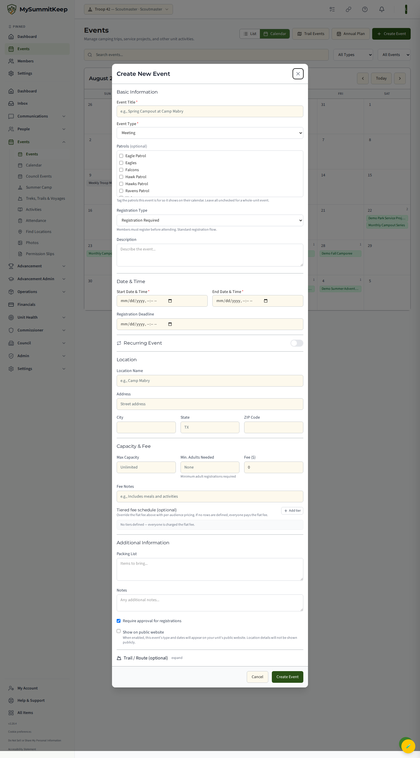 The Create Event modal with basic info, registration type, start/end, recurrence toggle, location, capacity and fee, additional info, and an optional Trail / Route section.