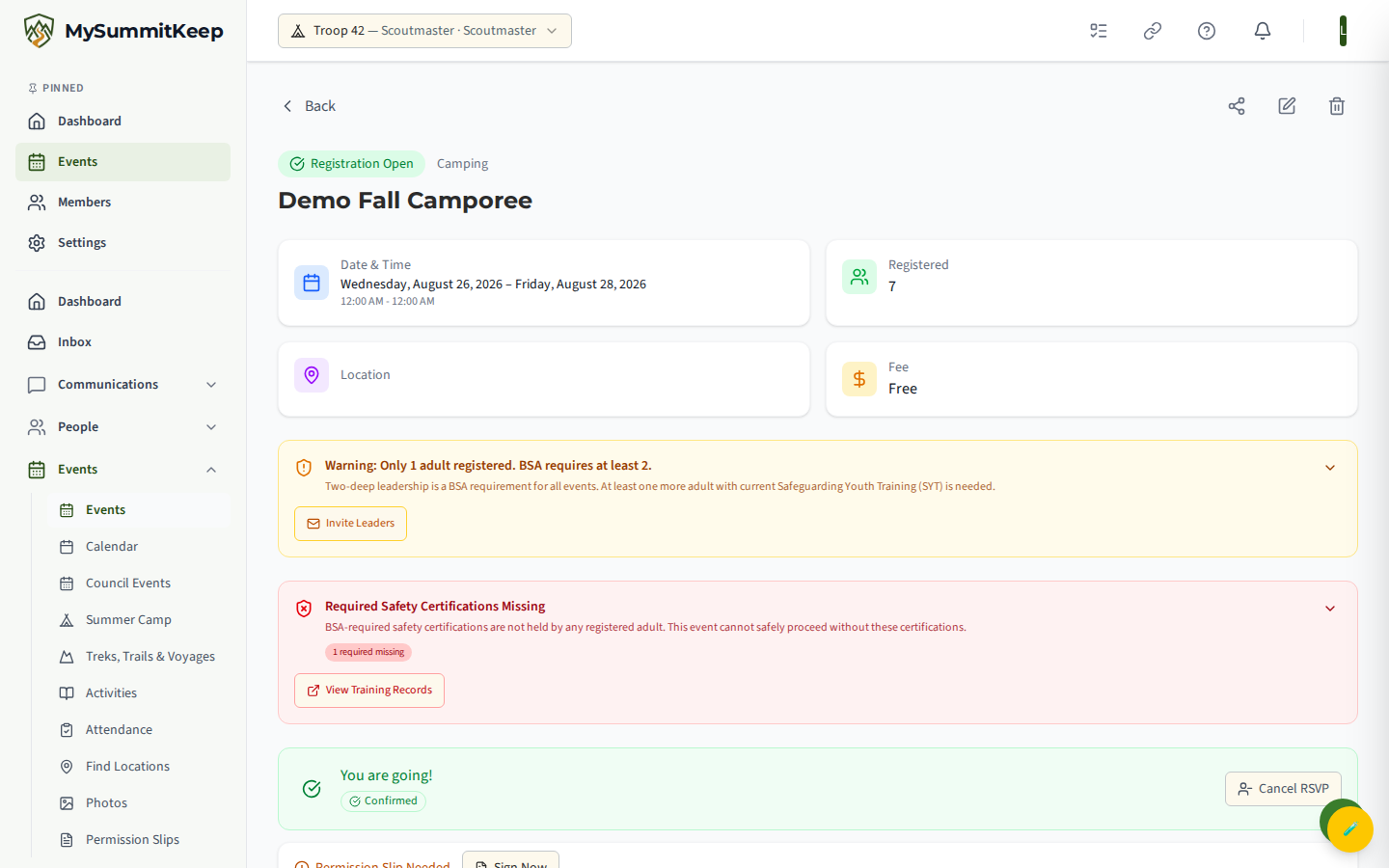 An event detail page showing date/location/fee, status badge, two-deep-leadership and safety-compliance banners, the RSVP register button, and the permission-slip prompt.