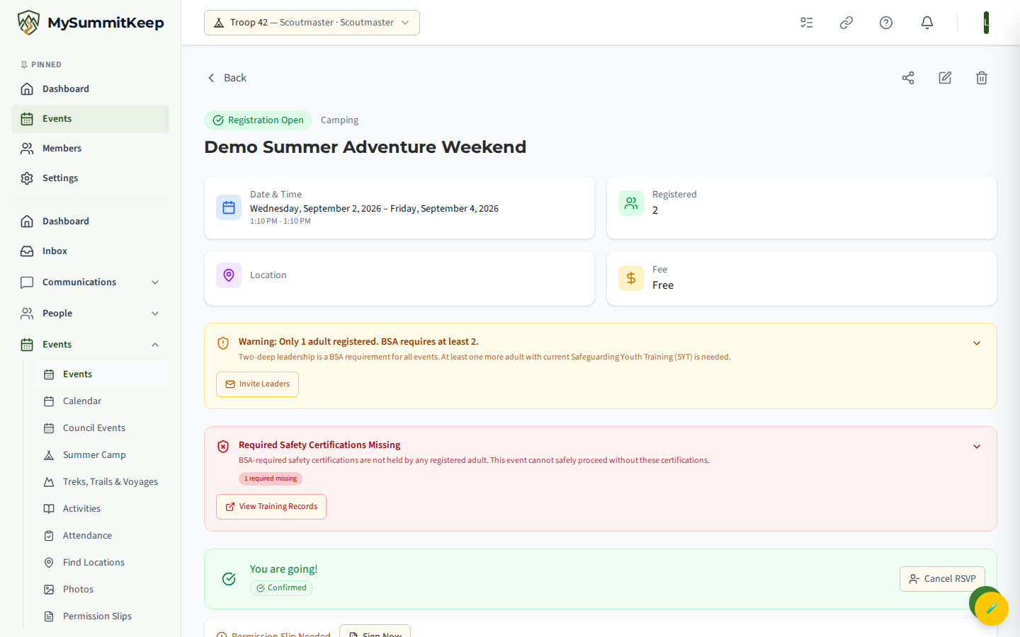 The 'Permission Slip Needed / Sign Now' affordance shown on the event detail page once a scout is registered.