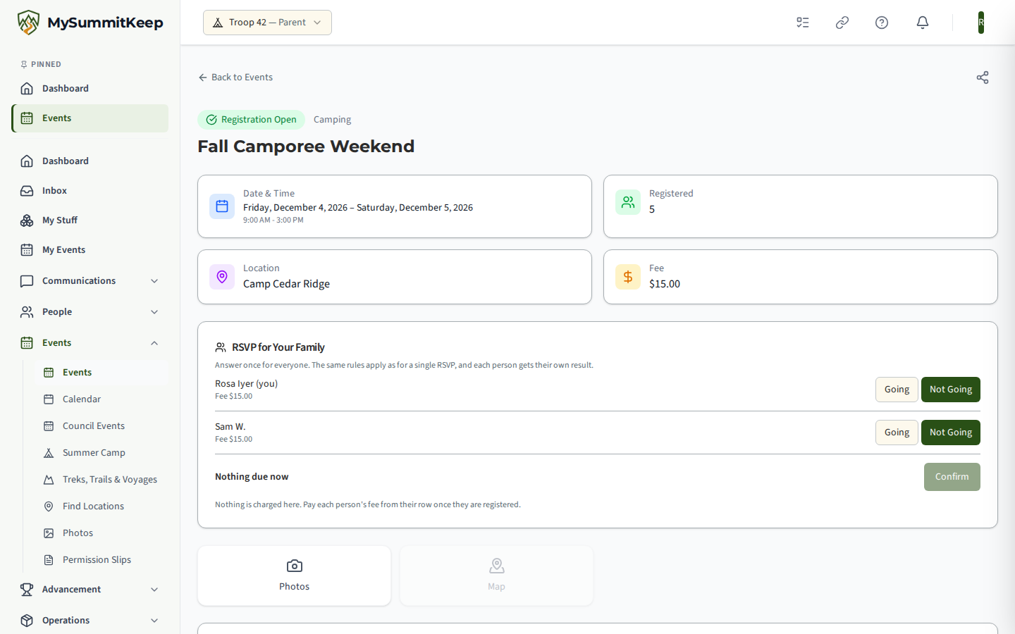 The one-tap family RSVP card on an event with a fee: the parent and each linked Scout with a fee beside every name, Going and Not going buttons, and the total due before Confirm.