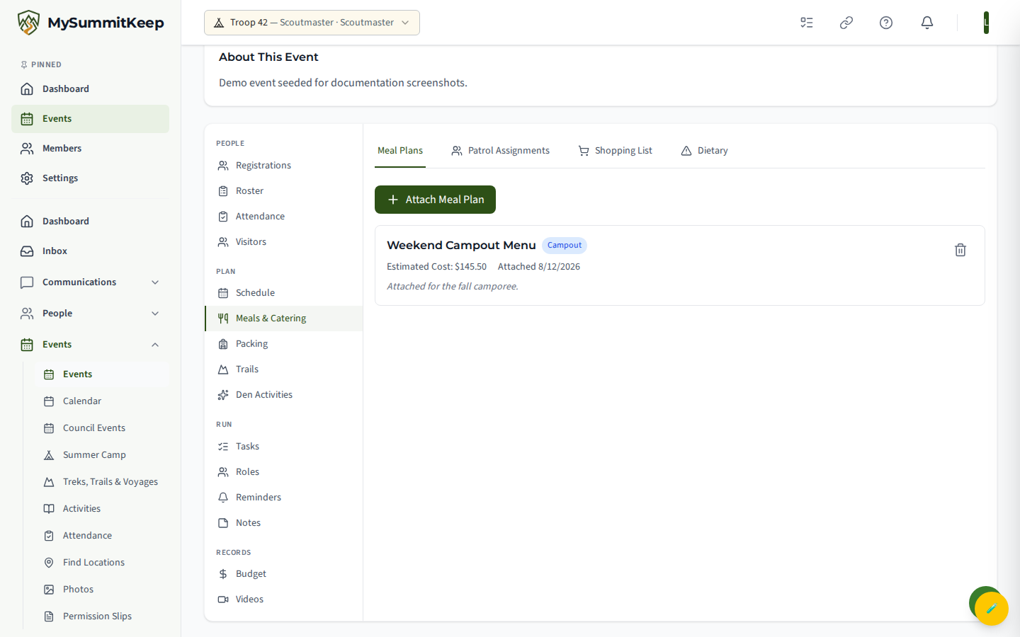 The Meals & Catering tab with meal assignments, generated shopping list, and dietary-restrictions report.
