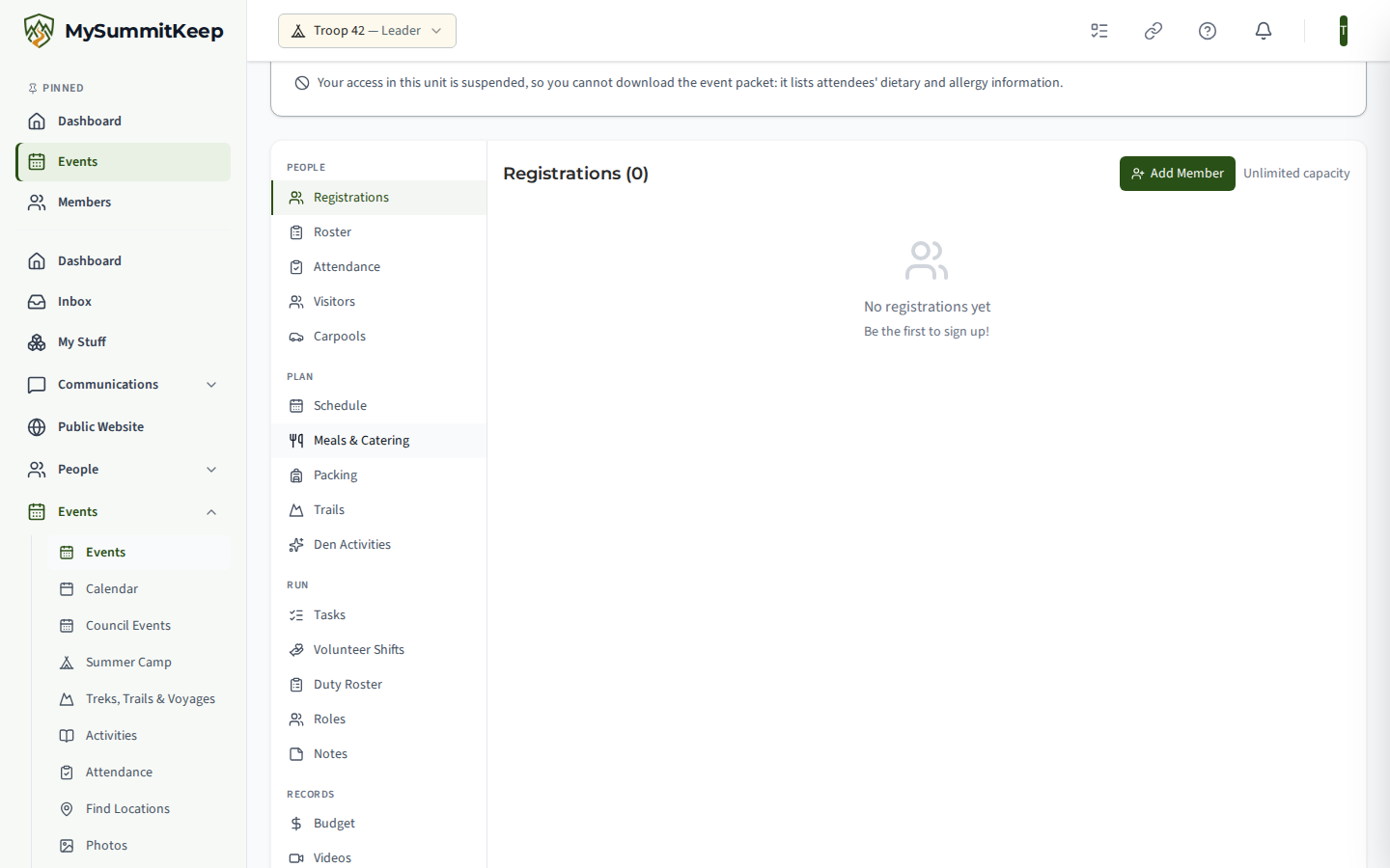 The Event packet card on an event's page for a leader whose access in the unit is suspended: in place of the download buttons, a note that their access is suspended, so they cannot download the event packet because it lists attendees' dietary and allergy information.