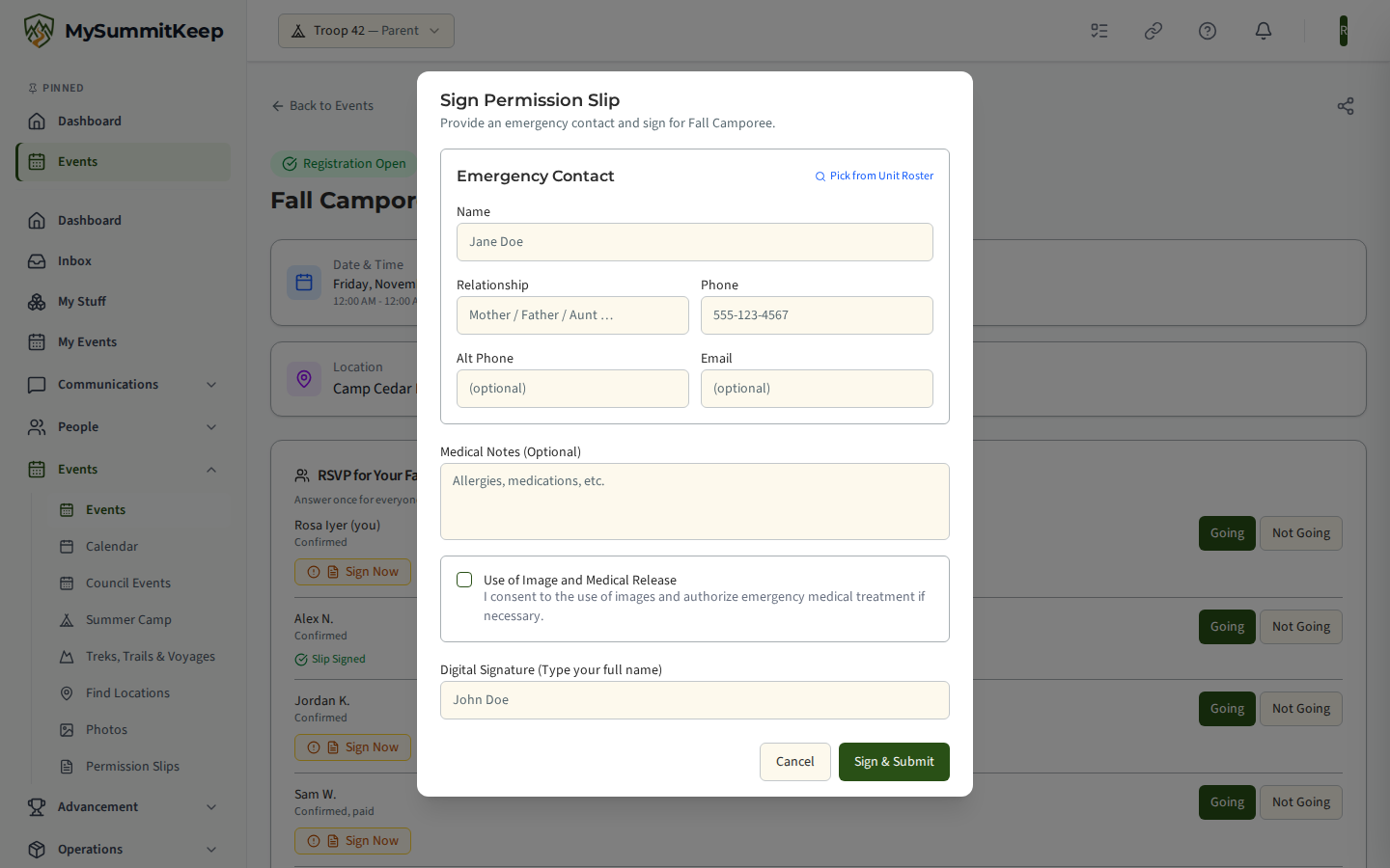 The per-event permission-slip signing modal launched from the event detail page 'Sign Now' affordance.